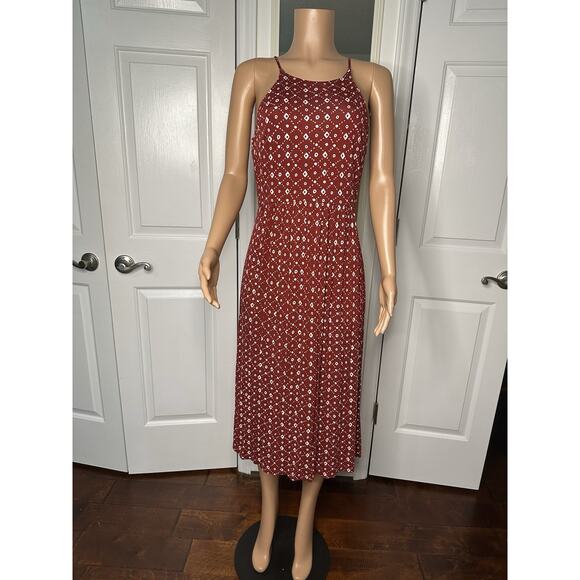 LOFT Ann Taylor Brick Red Sleeveless Geometric Print Midi Dress Size Medium - Picture 2 of 7